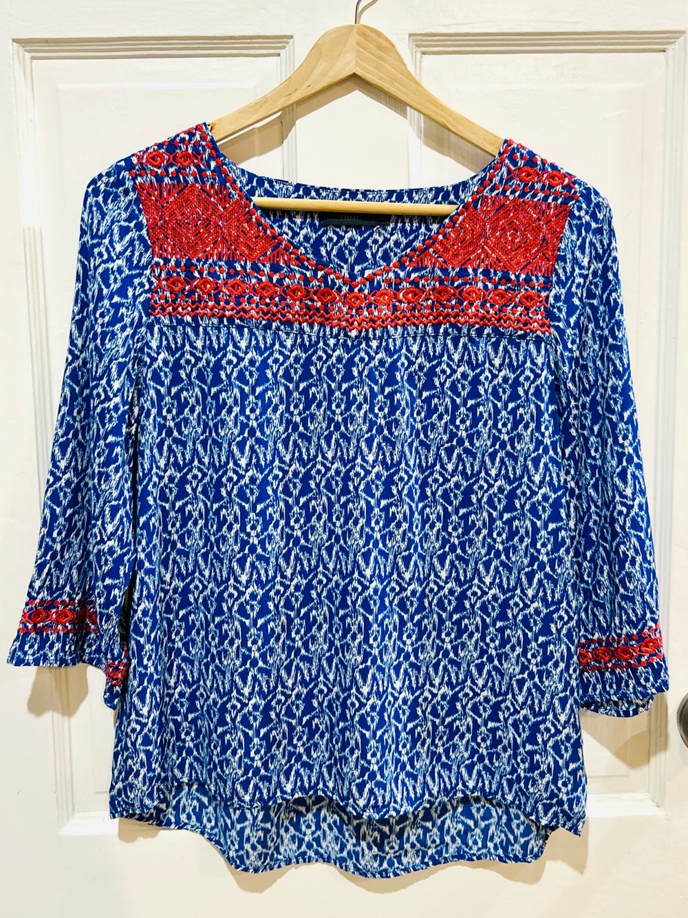 THML Embroidered Boho Print Peasant Top 3/4 Sleeves Coastal Preppy Size S